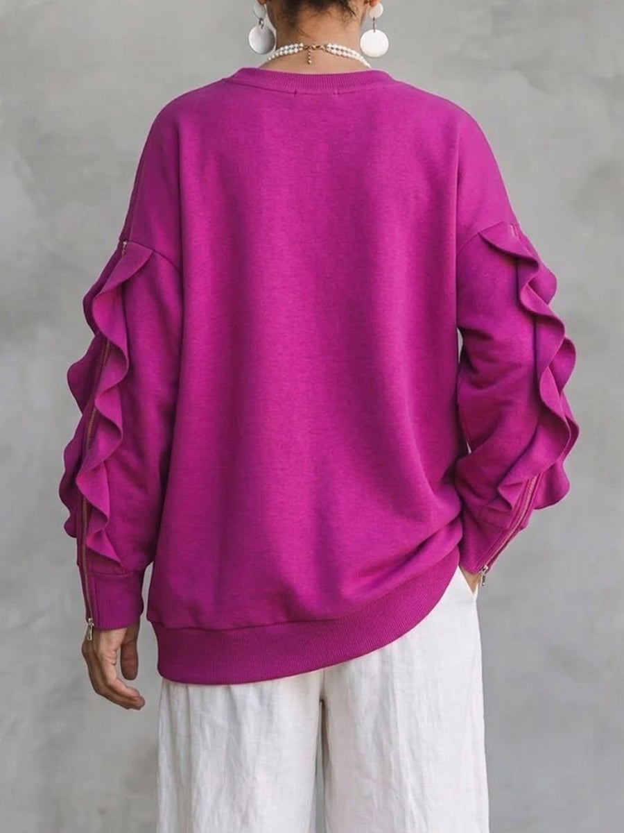 Loose-fit Sweatshirt With A Crew Neck, Ruffles, And Zipper Detailing