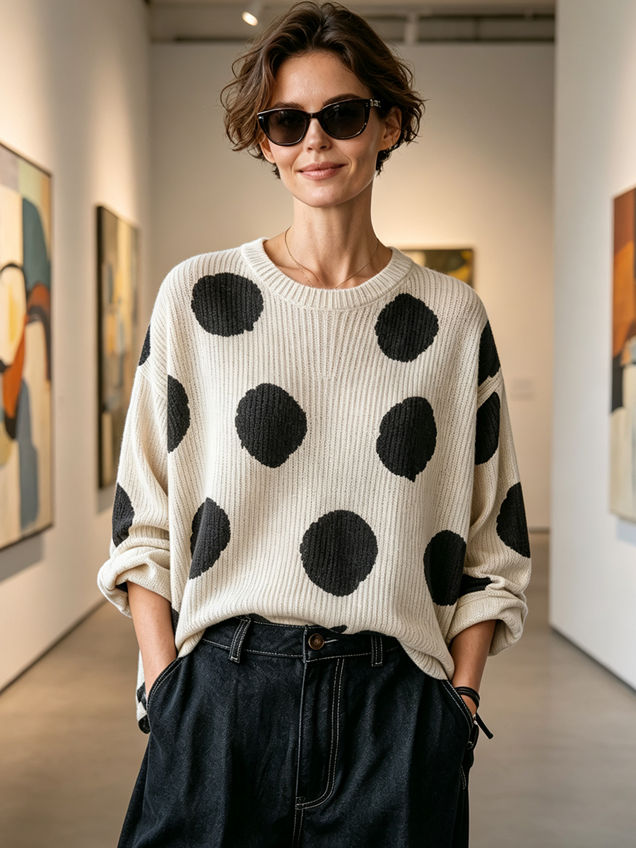 Cozy Oversized And Black Polka-dot Ribbed Knit Sweater
