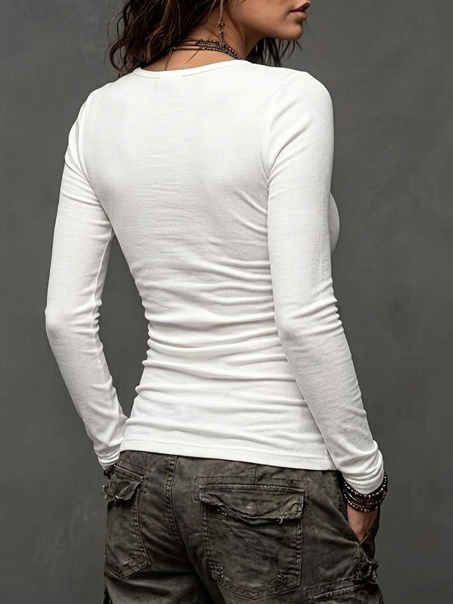 Women's Long Sleeve Ruched Top With Eyelet Neckline