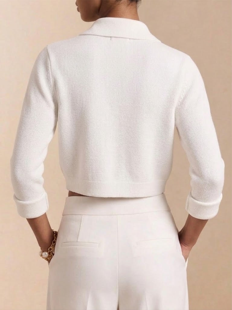 Large Metal‑button Collared Cropped Knit Cardigan