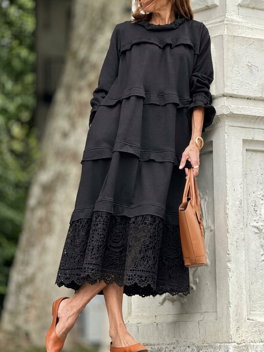 Chic Black Ruffled Tiered Lace Hem Midi Dress