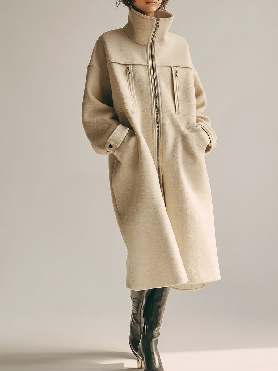 Chic Cream High-Neck Zip Midi Coat