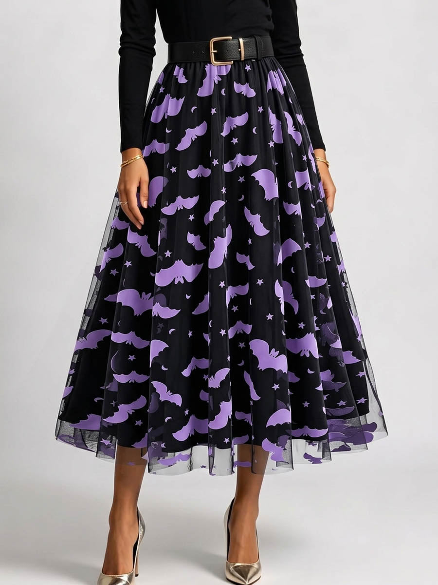 Polyester Women's High-waisted Casual Loose Halloween-themed Flocked Print Mesh A-line Skirt