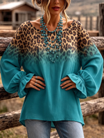 Boho Gradient Leopard Print Ruffle Cuffs Blouse