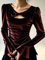 Luxurious Velvet Twist-Front Long-Sleeve Top