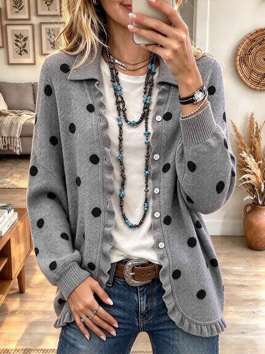 Women's Polka Dot Ruffle Trim Button Down Knit Cardigan
