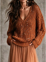 Chic Burgundy Sequin Open-Knit V-Neck Sweater