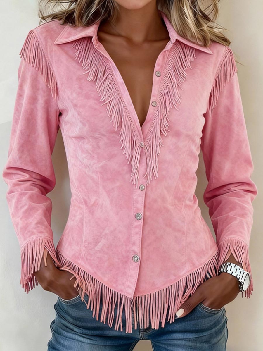 Women's Solid Color Collared Long-sleeved Casual Loose Faux Suede Tassel Shirt