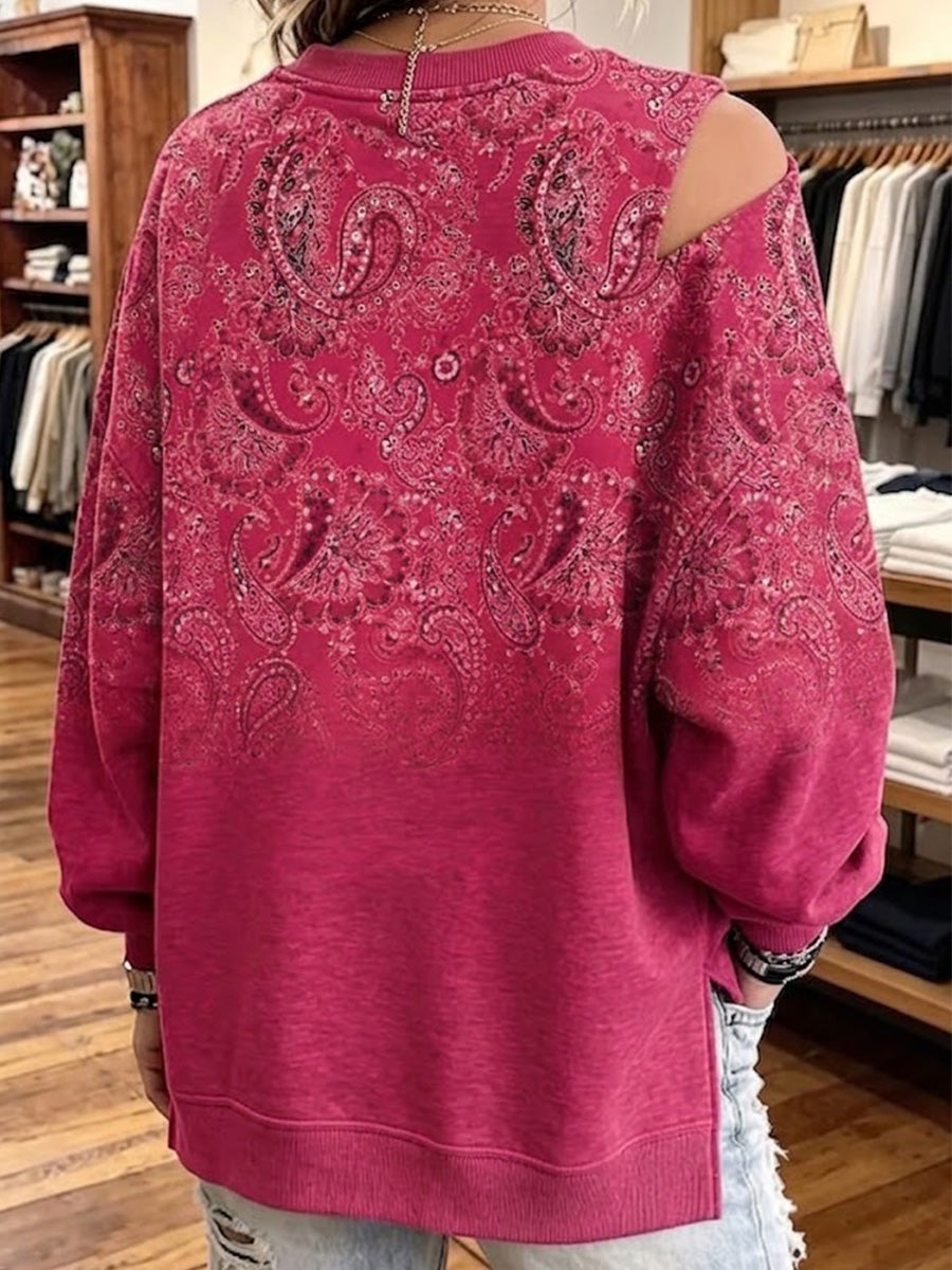 Vintage-style Paisley Gradient Patchwork Asymmetric Cut-out Top