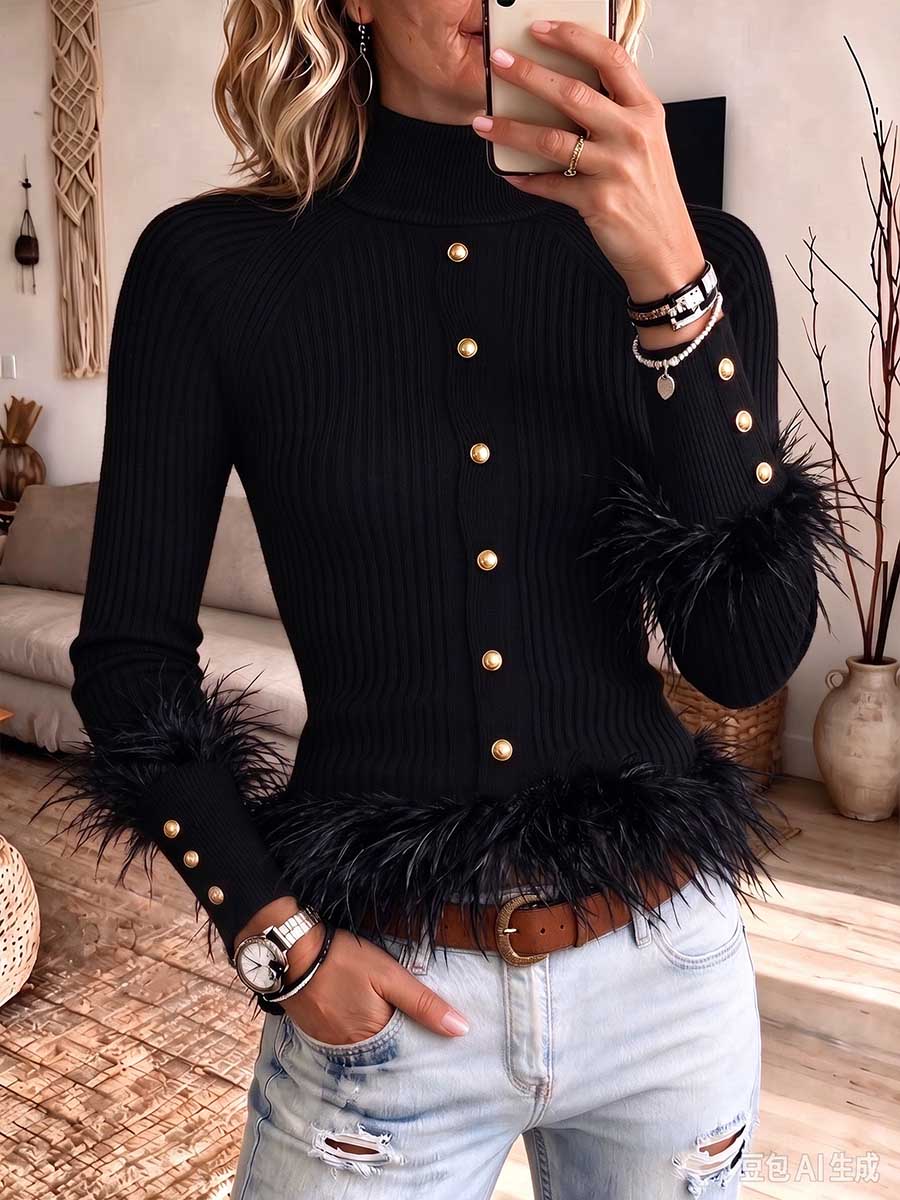 Faux Fur Trim Ribbed Knit Button Sweater