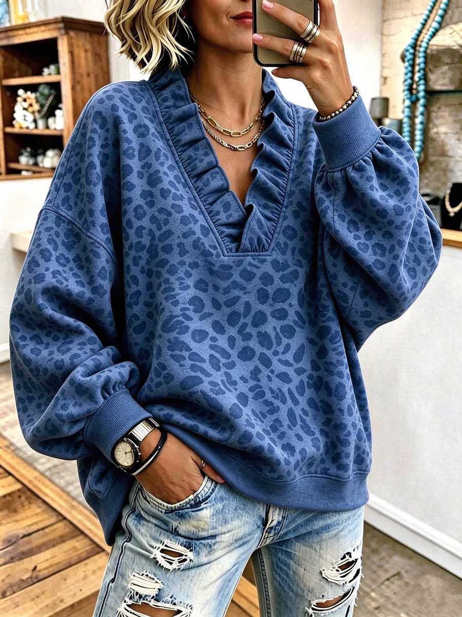 Women's Leopard Print V-Neck Long Sleeve Ruffle Trim Pullover Sweatshirt