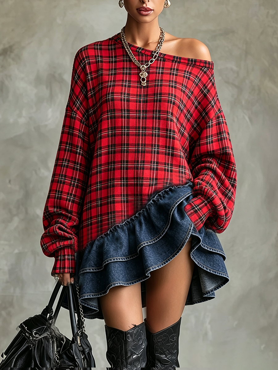 Chic Off-the-shoulder Denim Ruffles Plaid Patchwork Dress
