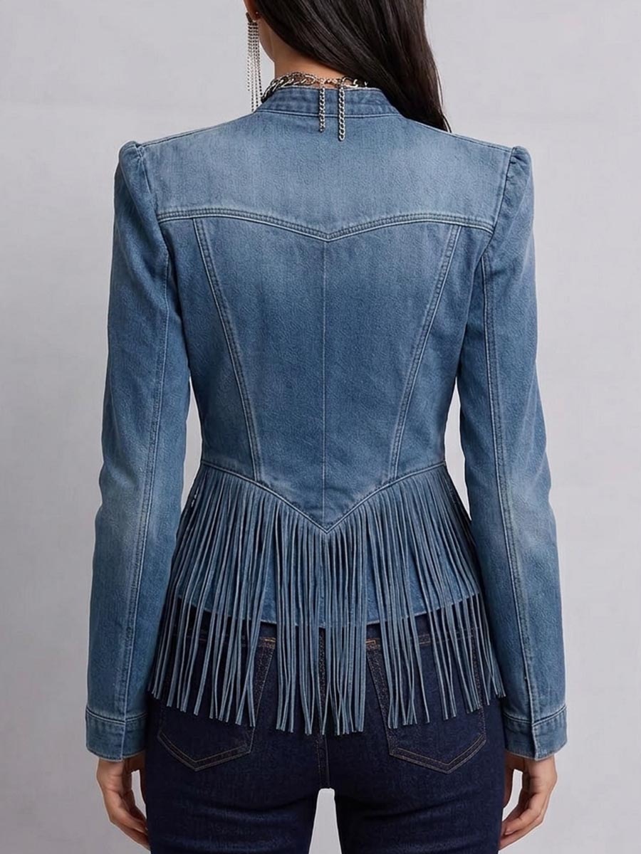 Women's Stand Collar Long Sleeve Casual Loose Fringed Denim Jacket