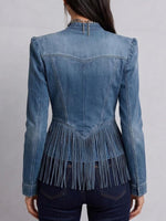 Women's Stand Collar Long Sleeve Casual Loose Fringed Denim Jacket