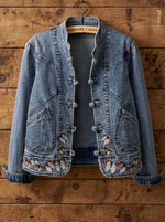 Retro Washed Denim Jacket with Butterfly Embroidery & Mandarin Knot Closure