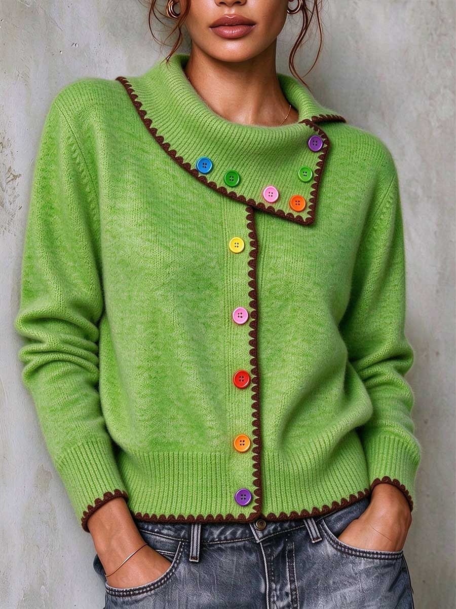 Women's Asymmetric Collar Cardigan with Colorful Buttons