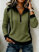 Women's Long-sleeve Casual Loose-fit Color-block Waffle Knit Hoodie With Collar