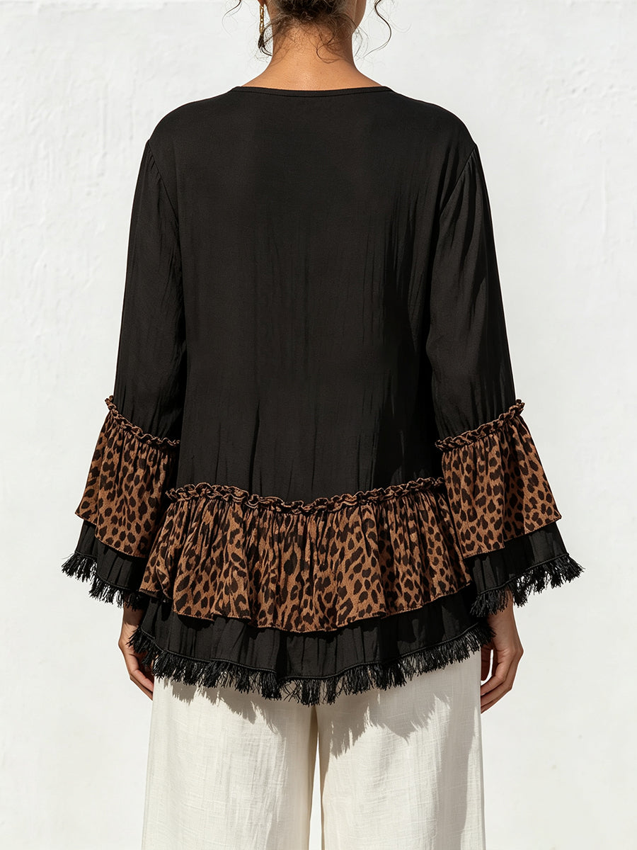 Loose-fit Casual Leopard-print Cotton-linen Blend Top With Ruffles And Tassels.