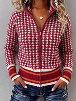 Houndstooth Zip-up Knit Cardigan With Stand Collar