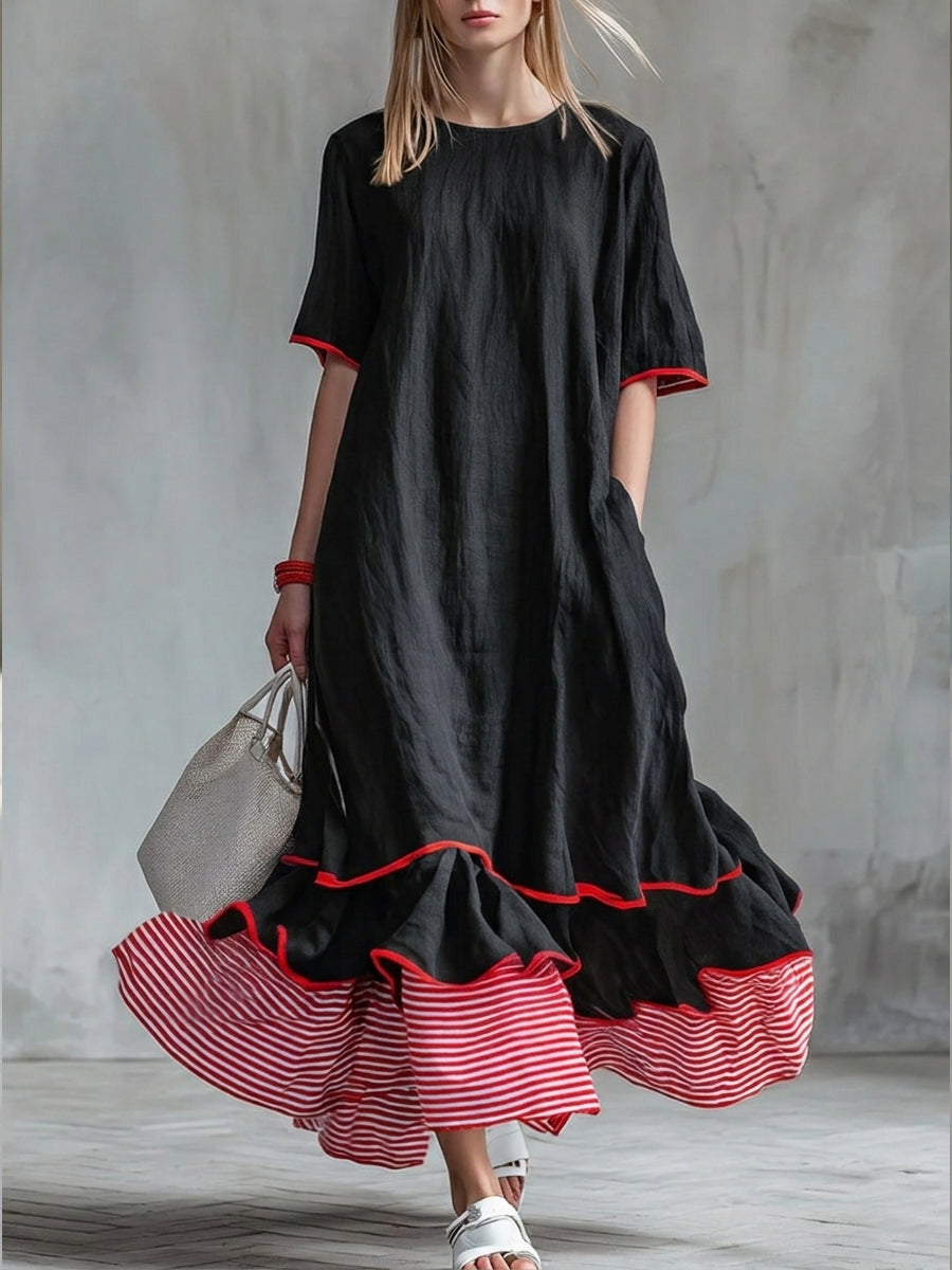 Casual Patchwork Red Striped Short-sleeved Dress
