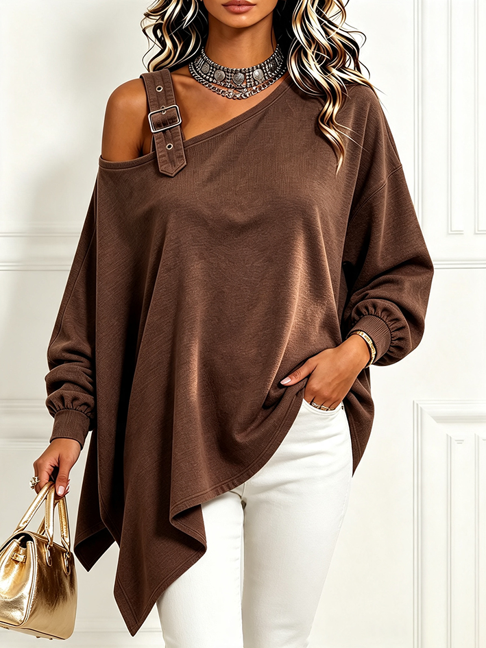 Chic Asymmetrical Brown Cotton Sweatshirt