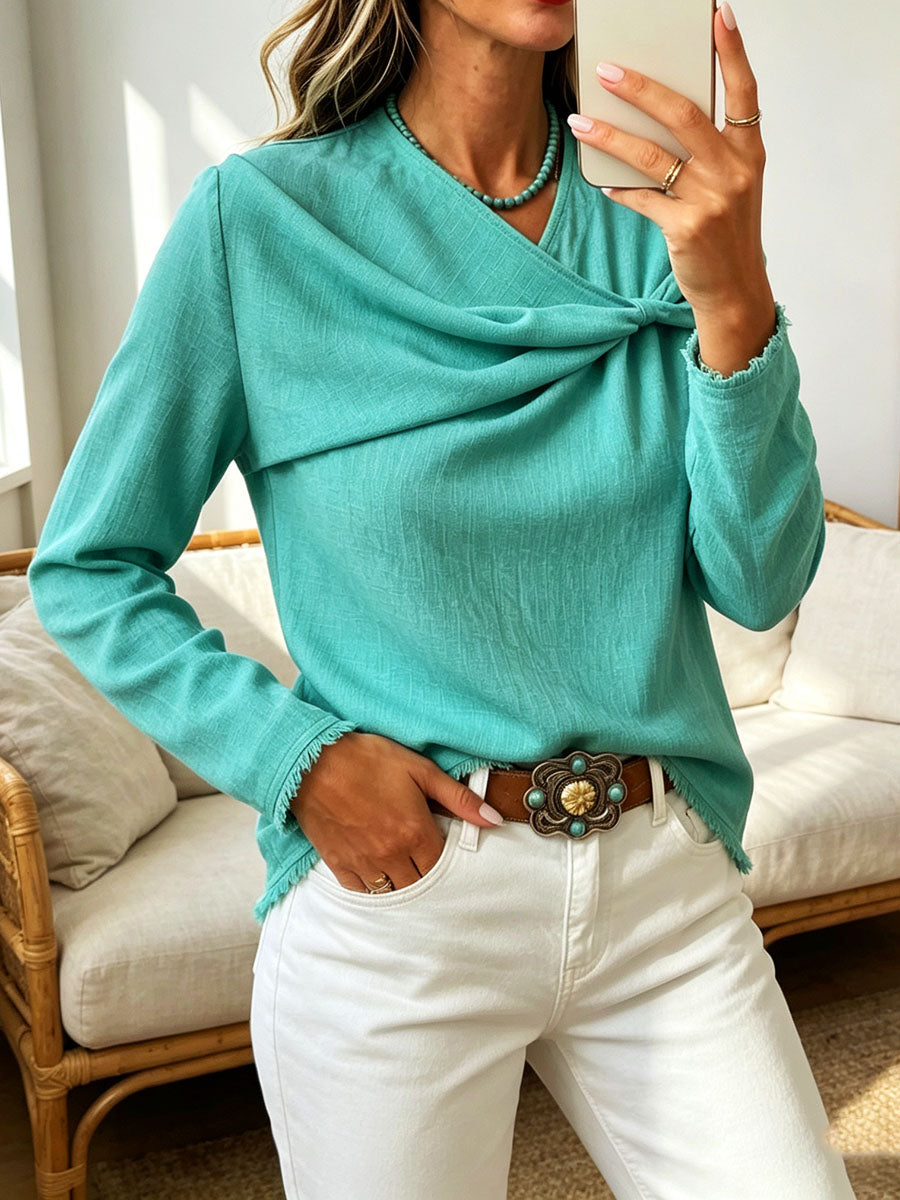 Chic Asymmetrical Draped Neckline Long-sleeve Top