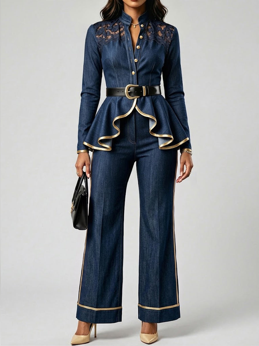 Stylish Casual Denim Shirt With Lace Paneling