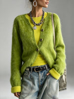 Chic Lime-green Fuzzy-textured Knit Cardigan