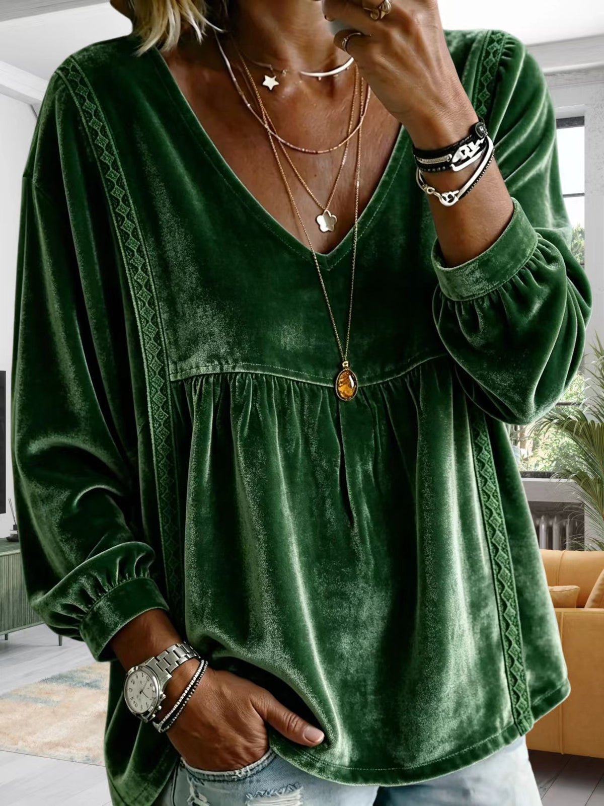 Cozy Velvet Top With Lace Paneling
