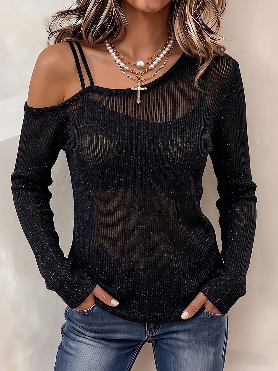 Women's Solid Color Asymmetrical Off-shoulder Long-sleeve Knit Top With Double Straps (loose Fit)