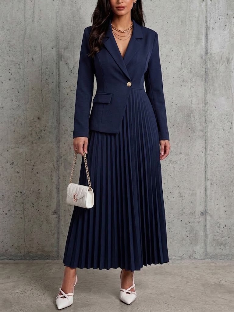 Blazer Collar Single Button Waist Pleated Midi Fake Two-piece Dress