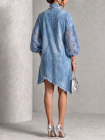 Elegant Lace-Sleeve Asymmetrical Denim Tunic Dress