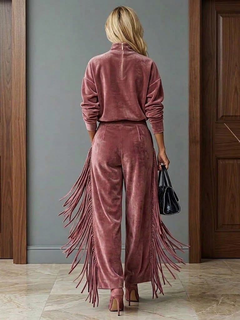 Elegant Faux Suede Two-piece Set With 3d Floral And Tassel Details
