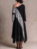 Women's One-shoulder Neckline Long-sleeved Casual Loose Sequin Patchwork Dress