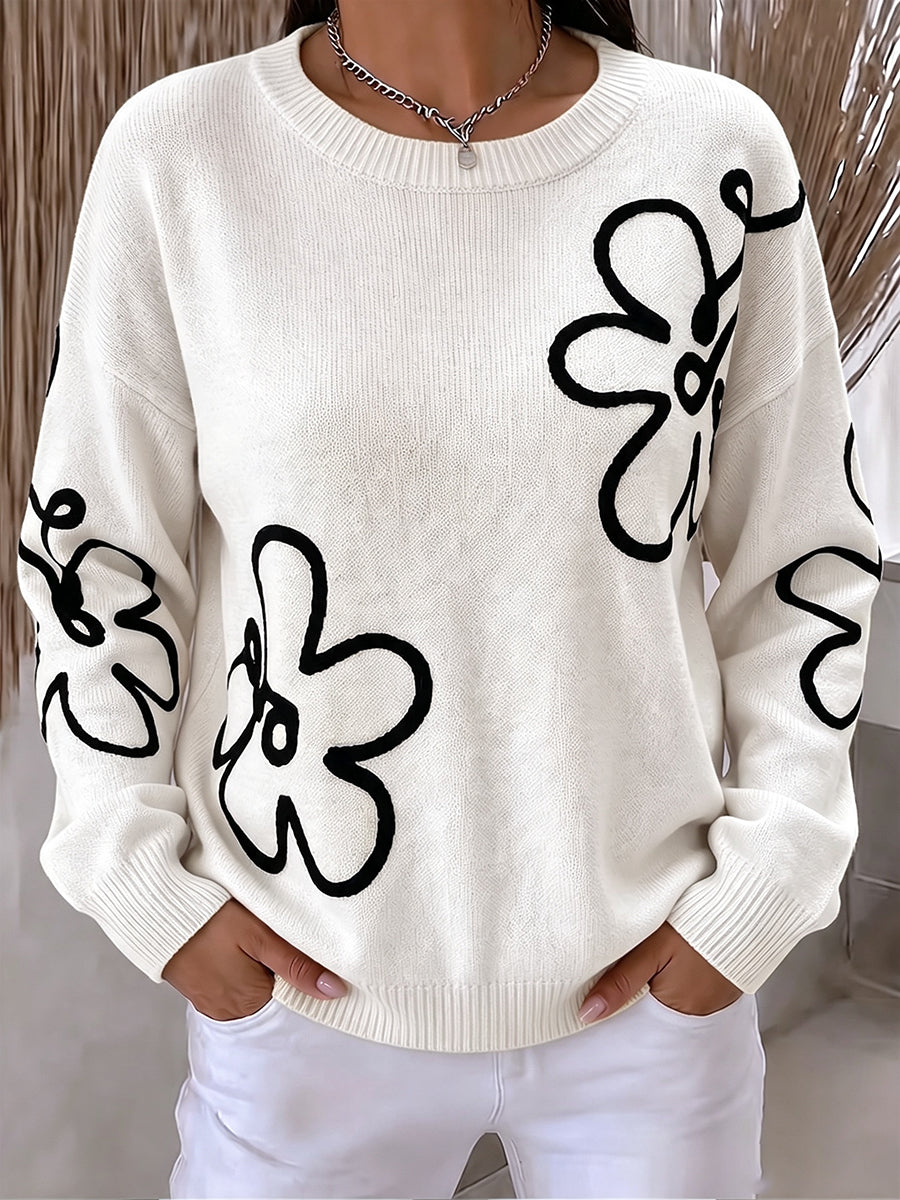 Vibrant Abstract Embroidery Floral Knit Pullover