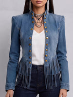 Women's Stand Collar Long Sleeve Casual Loose Fringed Denim Jacket