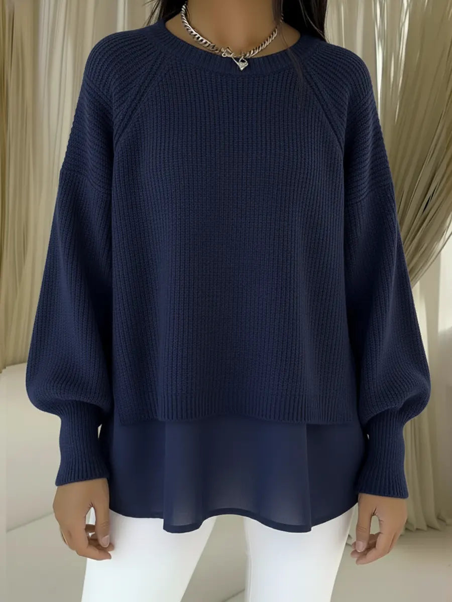 Women's Comfortable Patchwork Faux Two-piece Lantern Sleeve Sweater