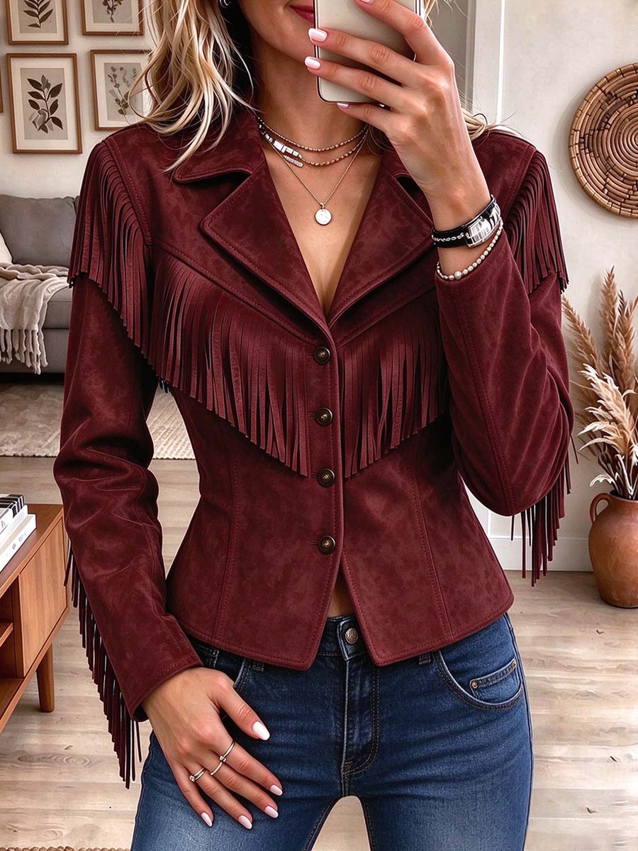 Women's Western Style Faux Suede Fringe Button-down Jacket