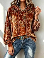 Cozy Fall Velvet Floral Hooded Sweatshirt