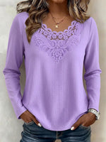 Solid-color Long-sleeve Top With Lace Splicing And Cut-out Details