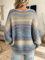 Chic Casual V-neck Knit Sweater With A Gradient Multi-color Blend, Fringe, And Pockets