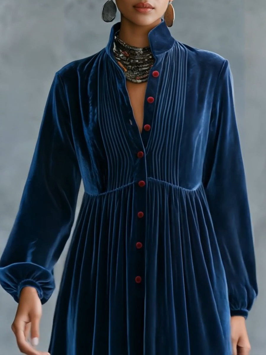 Elegant Navy Blue Velvet Maxi Dress