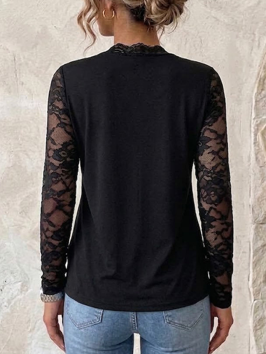 Slim-fit Long-sleeve Top With Lace Splicing And A Sweetheart Neckline