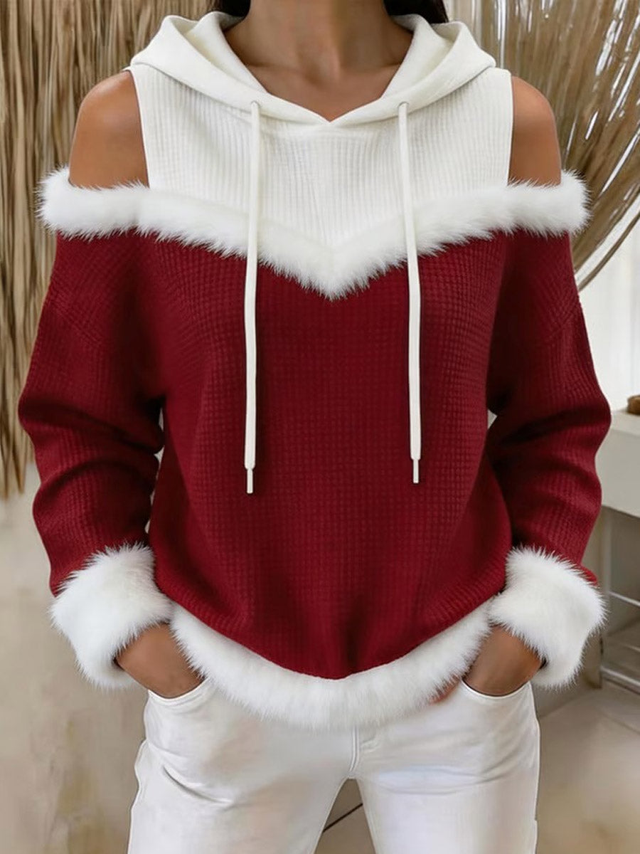 Women's Color Block Cold Shoulder Hoodie With Faux Fur Trim