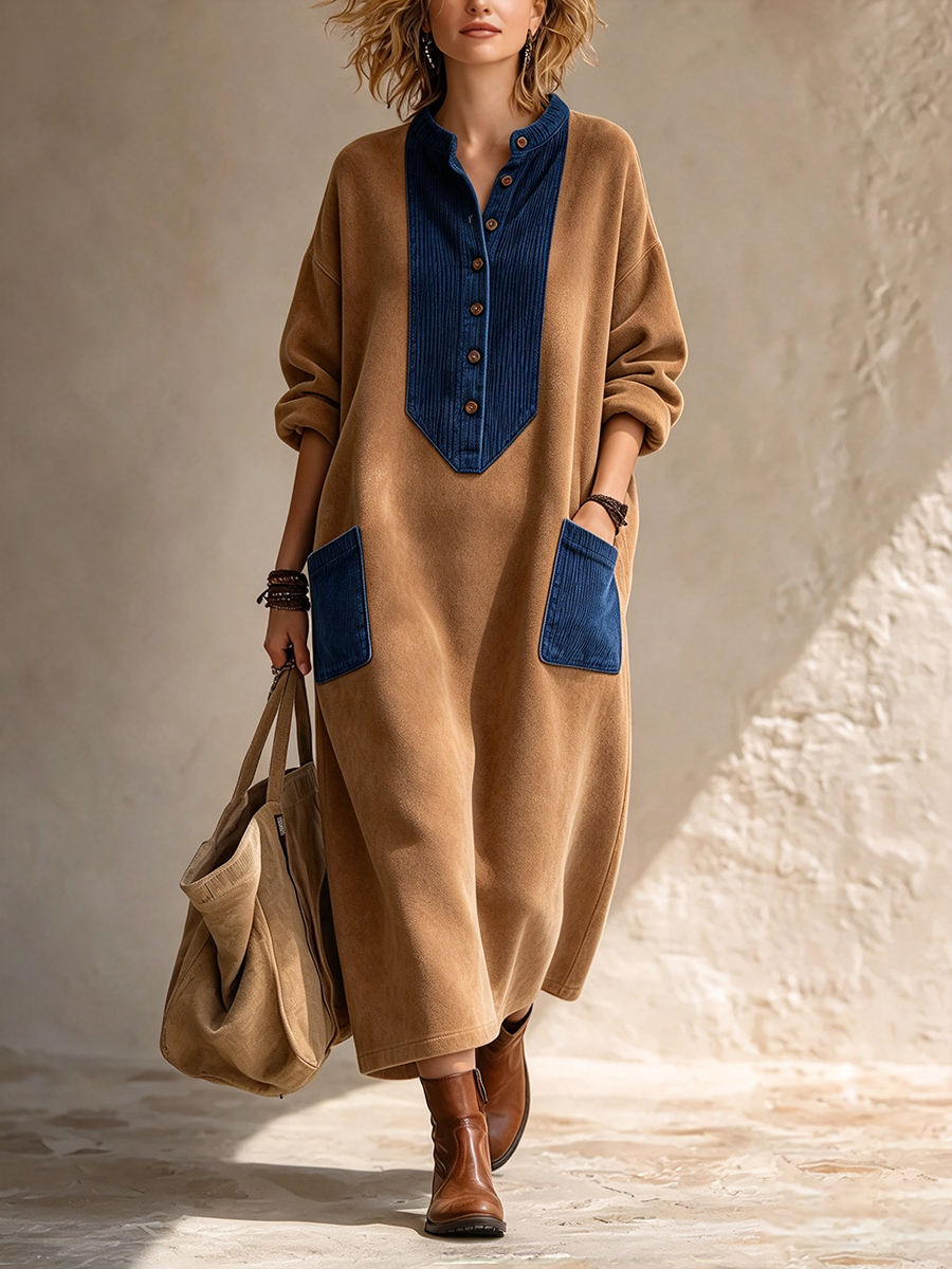 Boho Casual Cozy Colorblock Faux Suede Maxi Dress