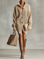 Women's Solid-color Stand-collar Long-sleeve Casual Loose Knit Cardigan Dress