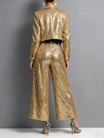 Chic Gold Sequin Sparkle Wide-Leg Trousers