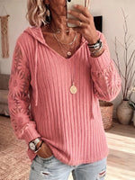 Solid-color Hooded Long-sleeve Lace-knit Top With Cut-out Details