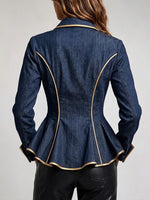 Chic And Elegant Denim Shirt With Gold Trim And A Ruffled Hem.