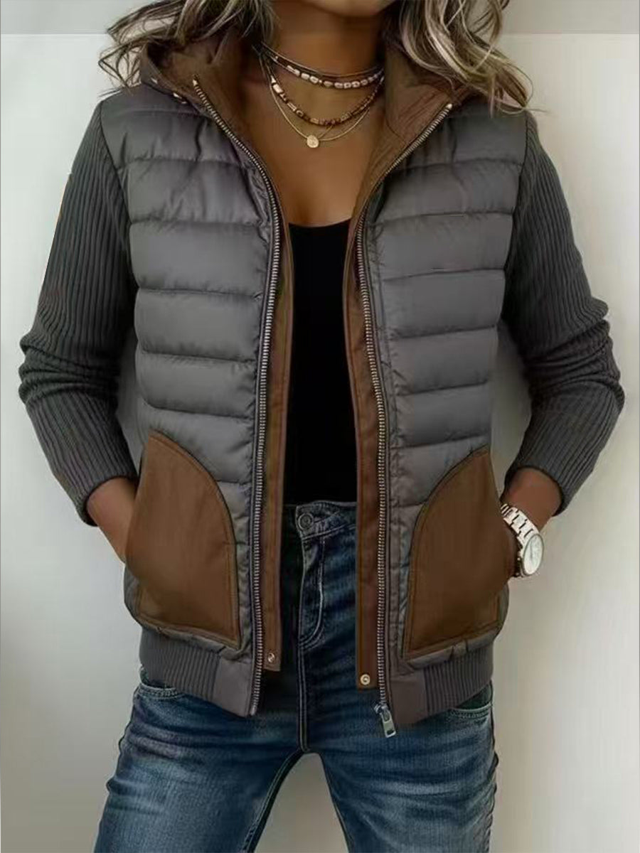 Casual Quilted Hooded Jacket With Knit Panels